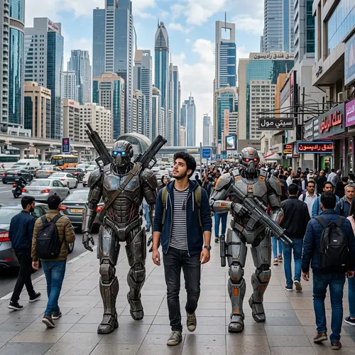 Urban Adventure with Mechanical Beings: Middle-Eastern Youth Guided Through Cityscape