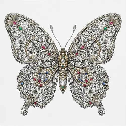 Intricate Symmetrical Butterfly Pattern with Floral Patterns and Jewels