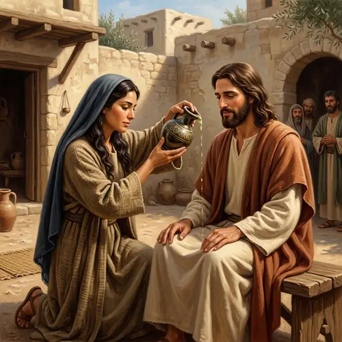 Biblical Illustration: Woman Anoints Jesus in Ancient Israel Setting