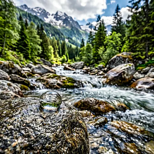 Crystal Clear Water Droplet on Stone | Mountain Stream Background