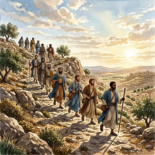 Diverse Group of Disciples Ascending Rocky Hill in Ancient Israel