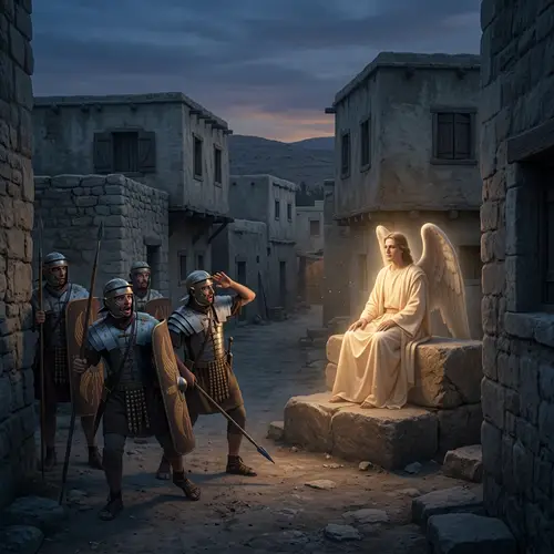 Ancient Israel Scene: Angel at Dawn with Roman Soldiers