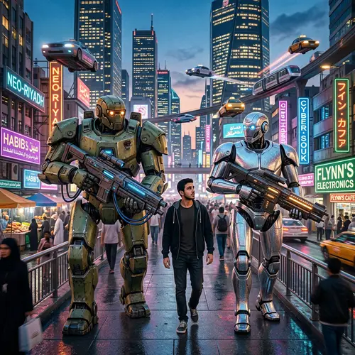 Futuristic Robots Guide Young Man in Neon Cityscape at Twilight