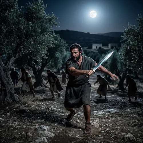 Ancient Israel Night Scene: Courageous Swordsman in Olive Grove