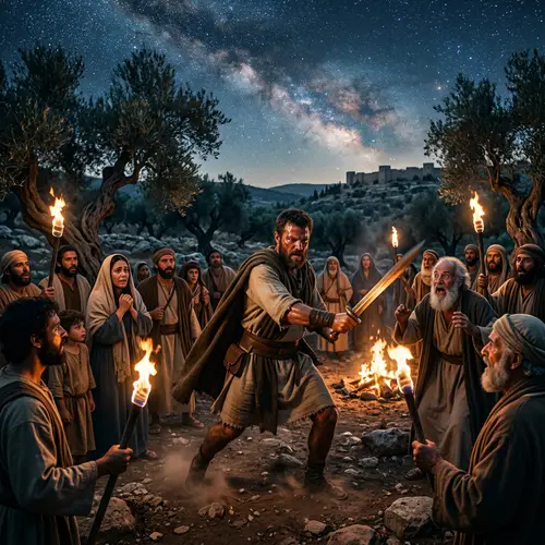 Ancient Scene in Israel Olive Grove | Sword-Wielding Man