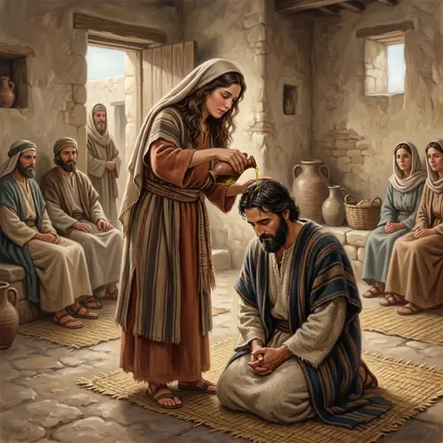 Historical Scene in Ancient Israel: Woman Pouring Oil on Man's Head