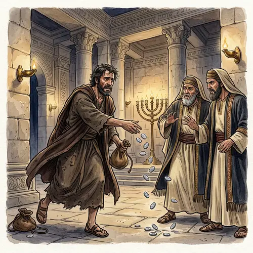 Biblical Illustration of Judas Tossing Silver: Ancient Israel Scene
