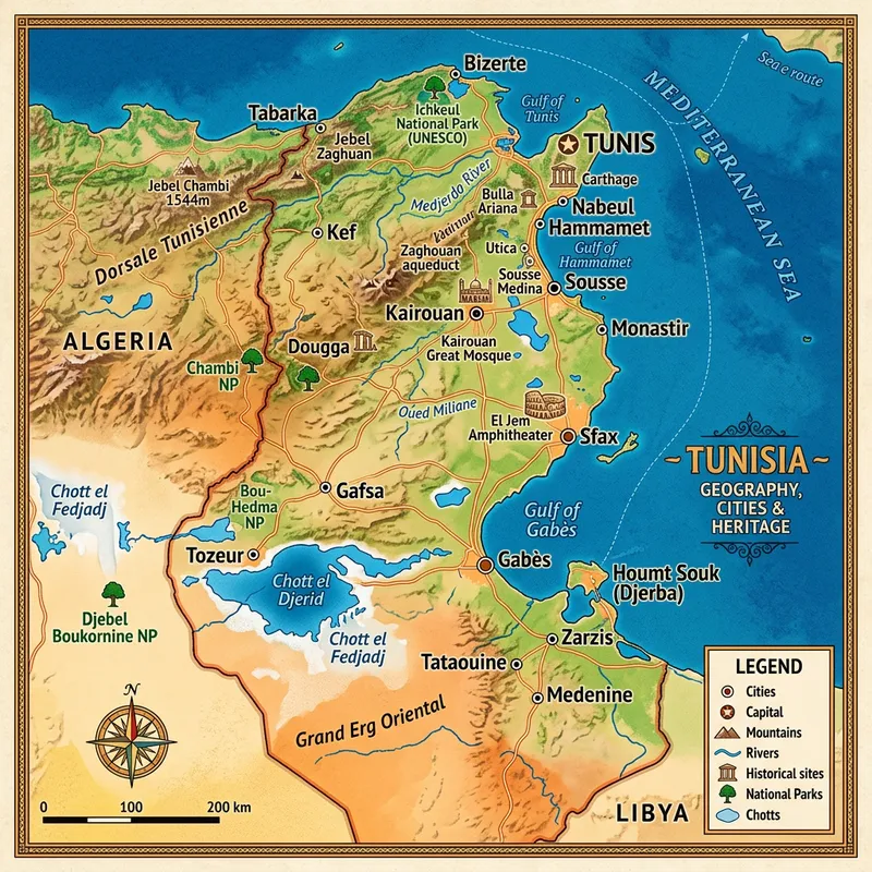Detailed Map of Tunisia: Cities, Rivers, & Landmarks Detailed Map of Tunisia: Cities, Rivers, & Landmarks