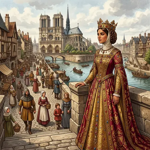 Hispanic Young Princess in High Middle Ages Attire overlooking Seine River | Paris