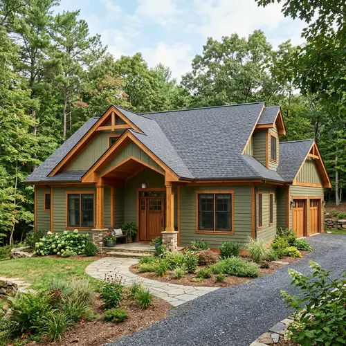 Charcoal Gray Roof House Plan - Olive Green Siding