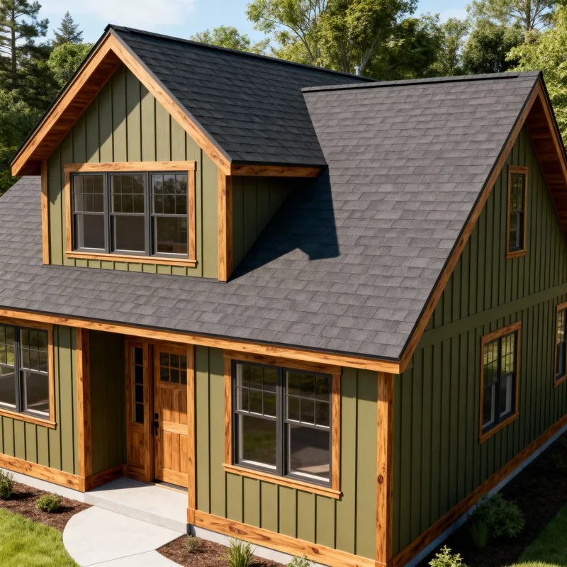 Charcoal Gray Roof House Plan - Olive Green Siding