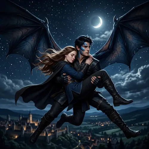 Fantasy Love Story in Night Sky: Demon Man Holding Chestnut-haired Woman