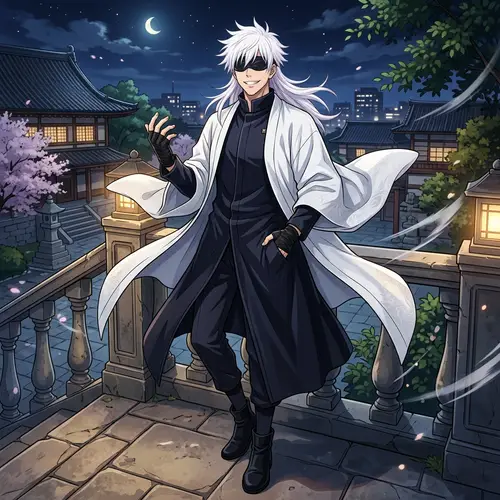 Unique Anime Character with White Hair and Hidden Eyes
