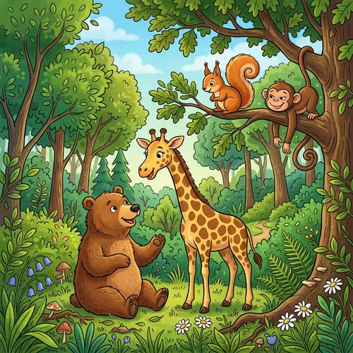 Enchanting Forest Scene with Bear, Giraffe, Squirrel, and Monkey