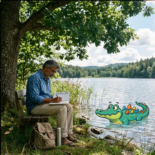 Serene Lake Writing Scene: Mature Adult by Tree, Crocodile Watching