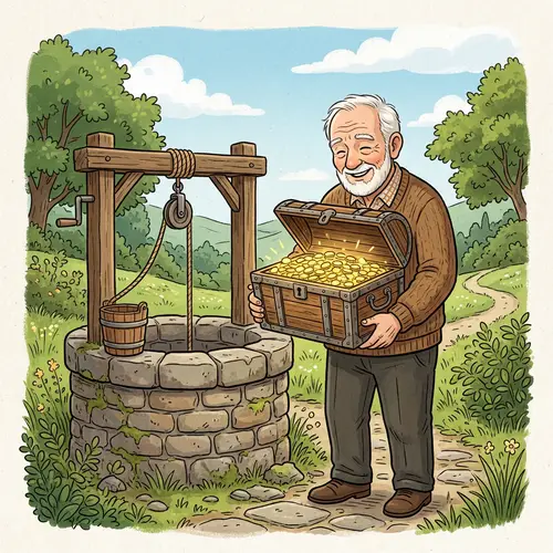 Elderly Man with Treasures by Stone Well | Gold Coins Illustration
