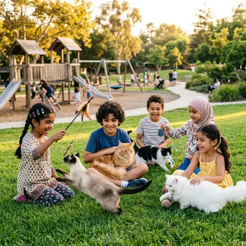 Children Playing with Cats in Diverse Community Park