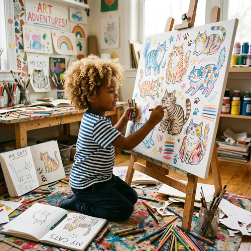 Young Child Drawing Charming Fluffy Cats on Canvas
