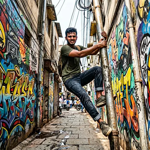 Urban Exploration: Confident South Asian Male Climbing Graffiti-Covered Pole