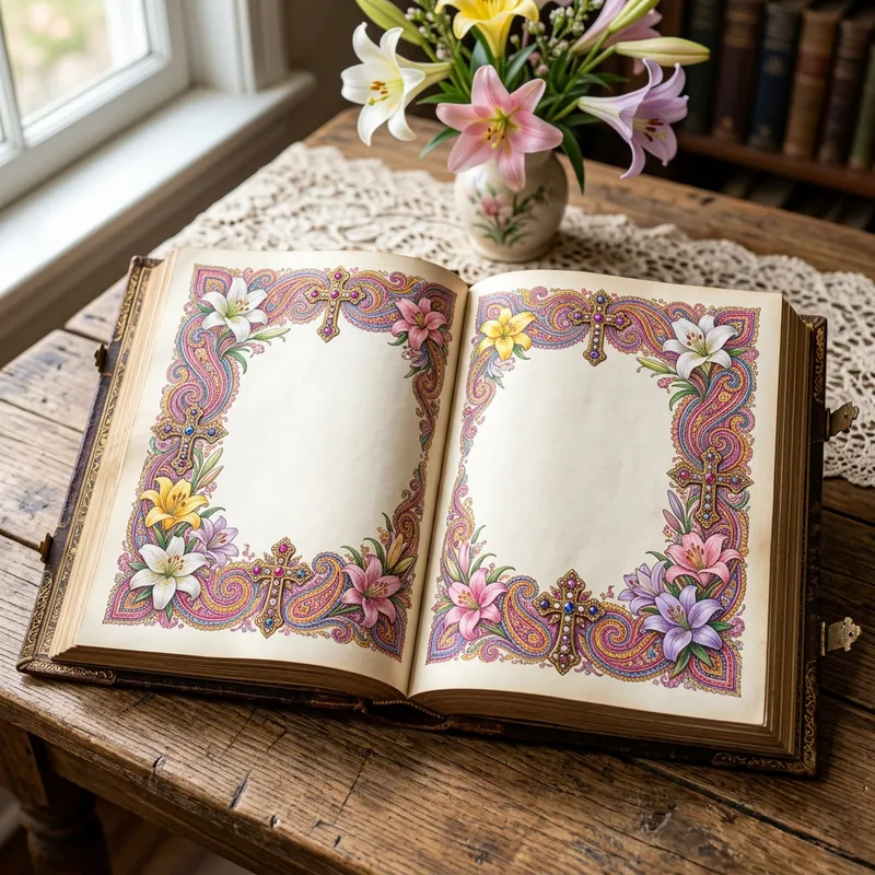Ornate Open Book with Vibrant Borders and Crosses