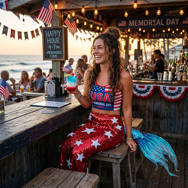 Festive Mermaid at Beach Bar Happy Hour