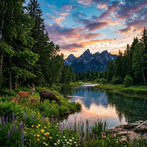 Serene Wild Natural Landscape with Verdant Trees, River, and Mountains