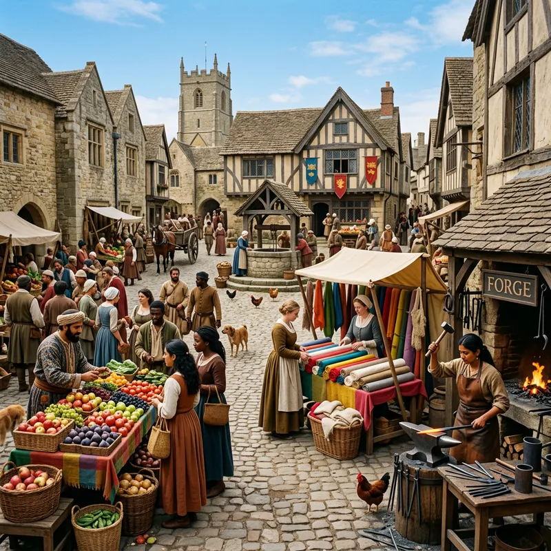 Medieval Town Square Scene with Diverse Characters