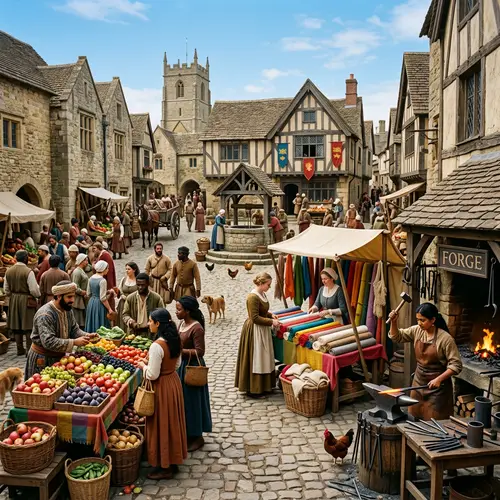 European Middle Ages Town Square Scene with Diverse Characters