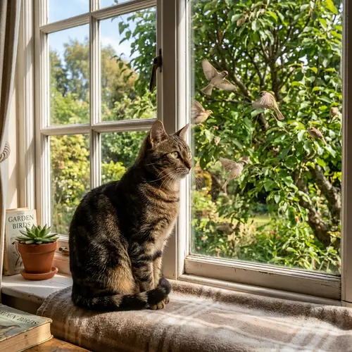 Domestic Short-Haired Cat Enjoying Sunny Day on Windowsill