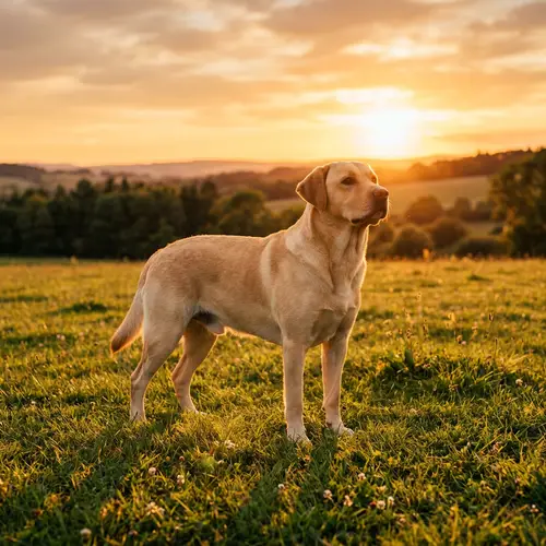 Majestic Labrador Dog Standing on Grass | Sunset Portrait