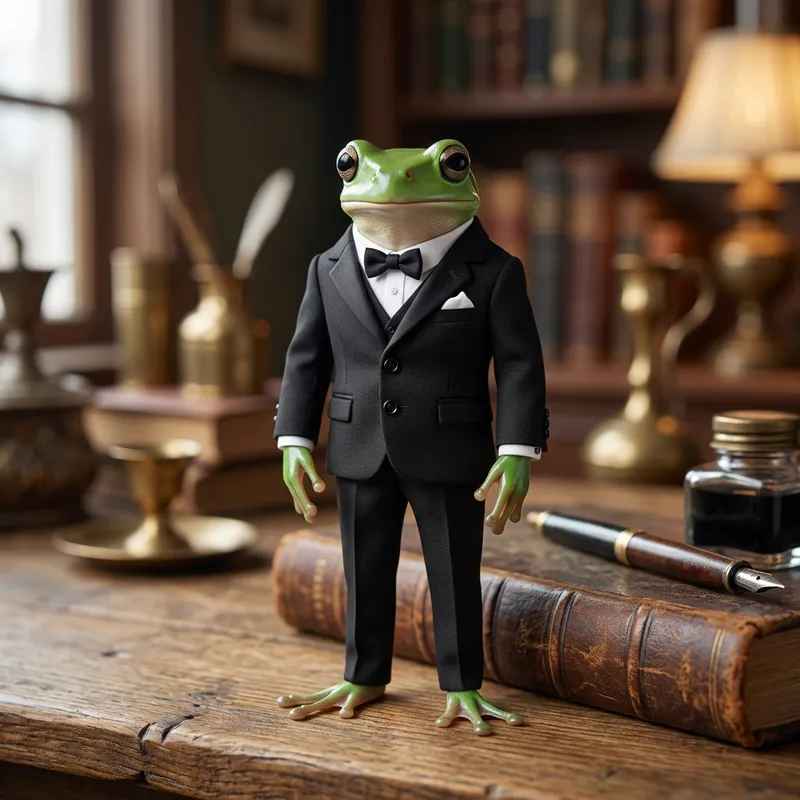 Frog in Elegant Green Suit - Striking Black Attire Frog in Elegant Green Suit - Striking Black Attire