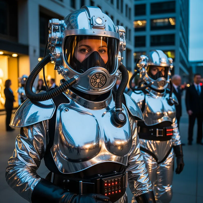 Futuristic Silver Suits on City Street
