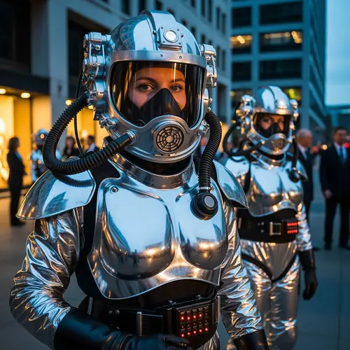Futuristic Silver Suits on City Street