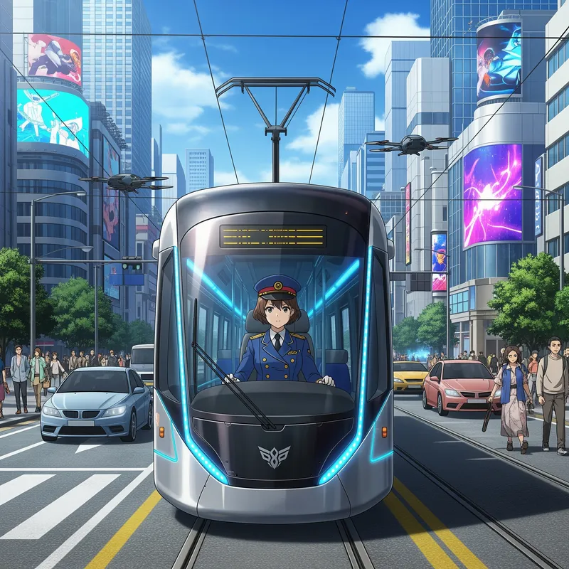 Modern Streetcar in City Scene - Female Conductor