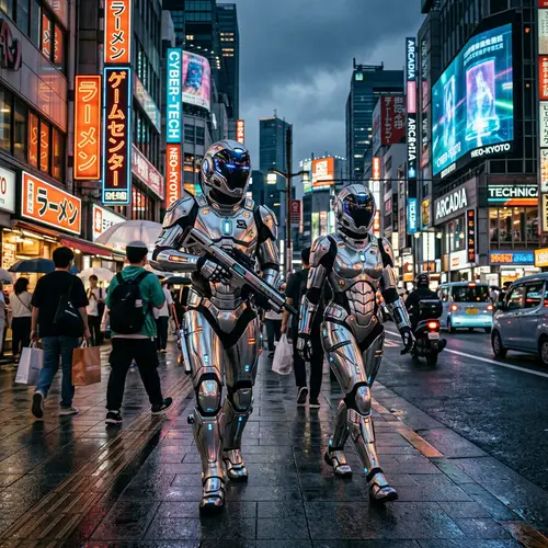 Futuristic Silver Suits on City Street