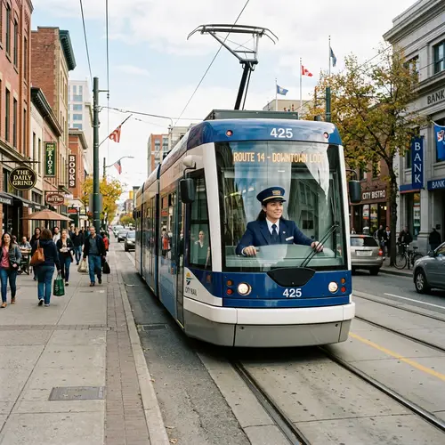 Modern Streetcar in City Scene - Female Conductor