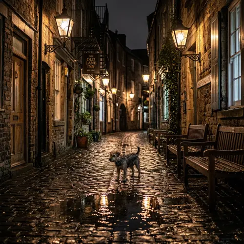 Nighttime Alleyway: Quaint Street Lamps & Wandering Dog