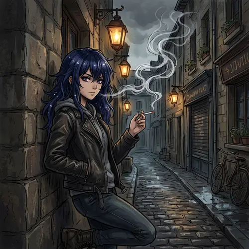 Digital Art of Anime Character with Amethyst Eyes Smoking Cigarette