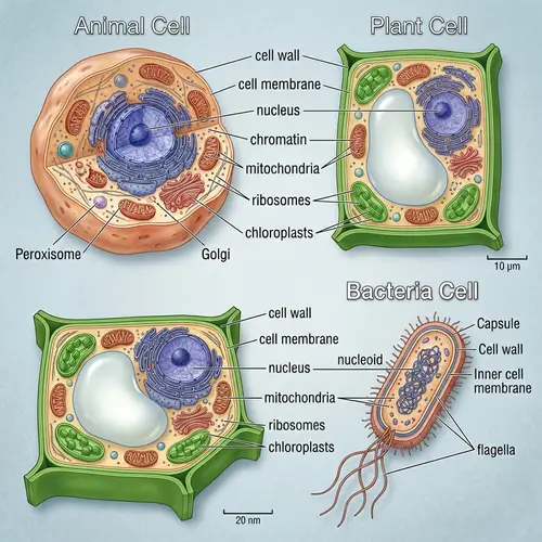 Variety of Biological Cells: Animal, Plant, Bacteria