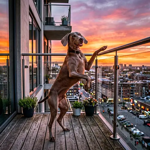 Weimaraner Dancing at Sunset on a Balcony