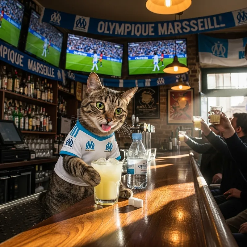 Chat Sipping Pastis in Marseille Bar During OM Match