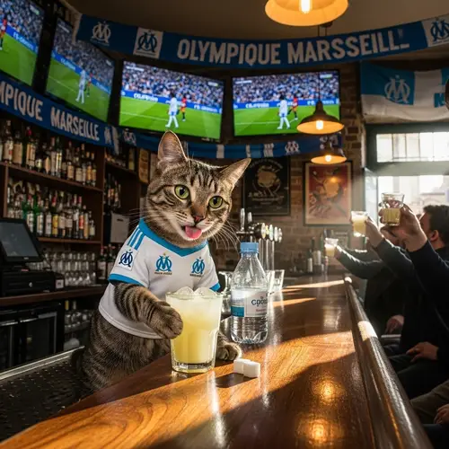Chat Sipping Pastis in Marseille Bar During OM Match