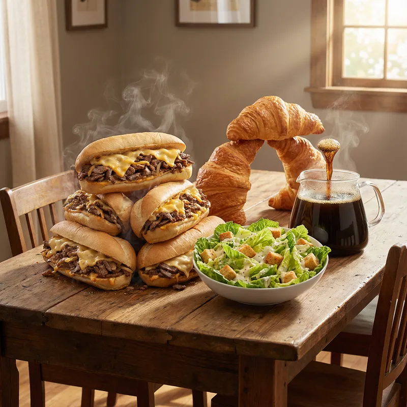 Mouth-Watering Food Art: Cheesesteak, Salad, Croissants & Coffee