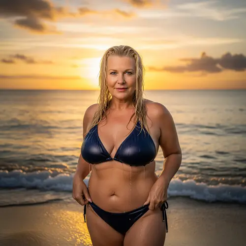 Mature Blonde Woman on Beach in Bikini