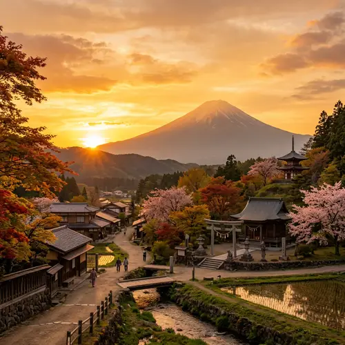 Golden Sunsets in Japan - Tranquil Village with Mount Fuji View