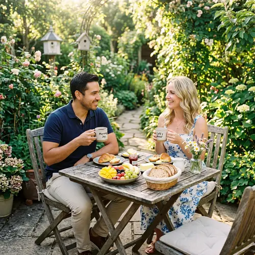Serene Couple Enjoying Breakfast in Garden with Fruits and Coffee