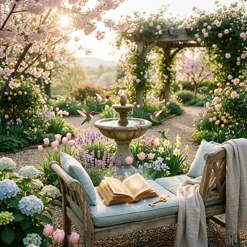 Idyllic Spring Setting with Pastel Flowers and Hummingbirds