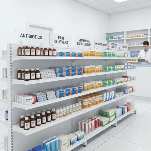 Professional Pharmacy: Assorted Pharmaceuticals Organized on Shelves