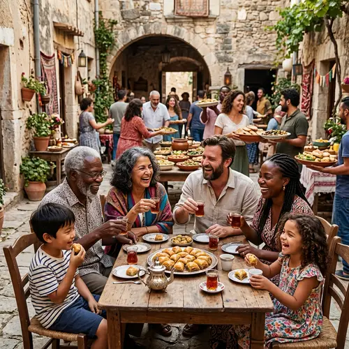 Multigenerational Diversity Celebration in Rural Courtyard