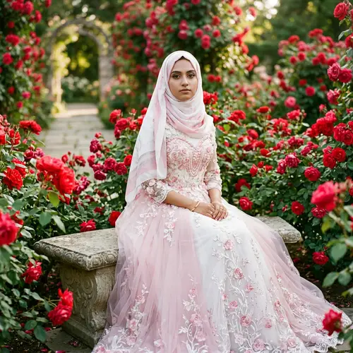 Elegant Woman in Pink Hijab and Dress in Rose Garden